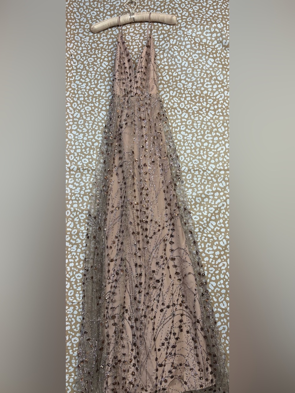 NWT Lulus Champagne Sequin Tulle Maxi Dress Deep V Formal Gown